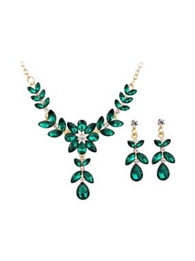 Emerald Crystal Leaf Necklace & Earrings Set - FINAL PRICE DROP